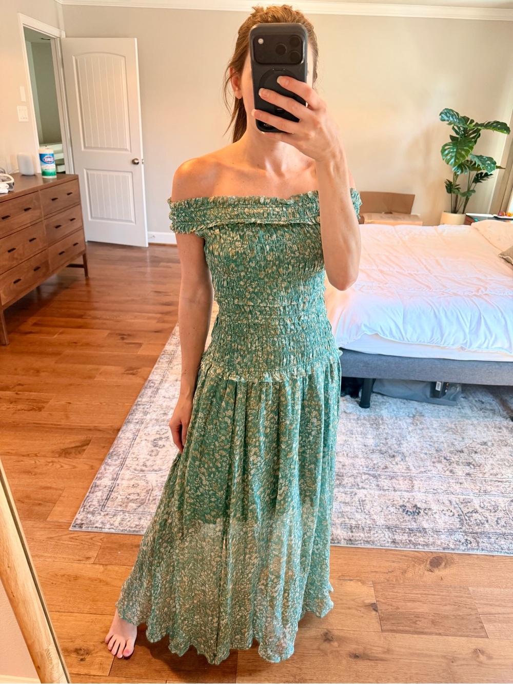 Madewell Off-Shoulder Green Floral Maxi Dress